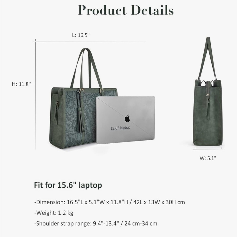Leather Style Embossed Floral Forest Green Women's Tote Bag - Picture 2 of 15